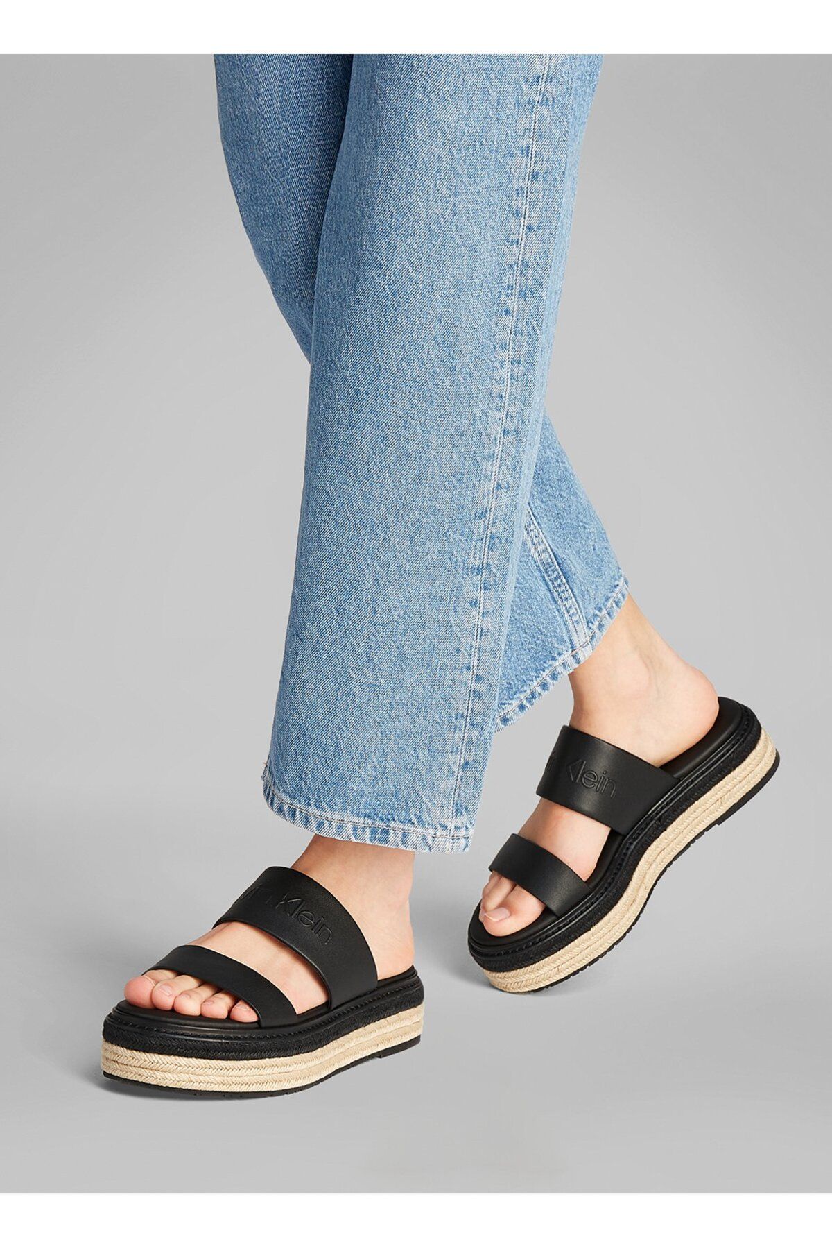 Calvin Klein-Women's Thick Heel Straw Heel Double Strap Comfortable Black Slippers Hw0Hw02374-Beh 2