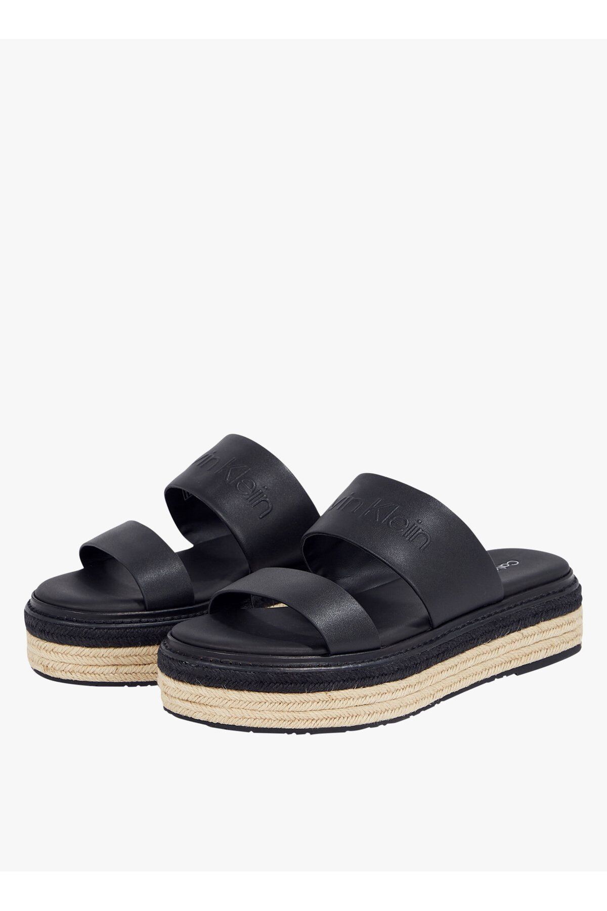 Calvin Klein-Women's Thick Heel Straw Heel Double Strap Comfortable Black Slippers Hw0Hw02374-Beh 3