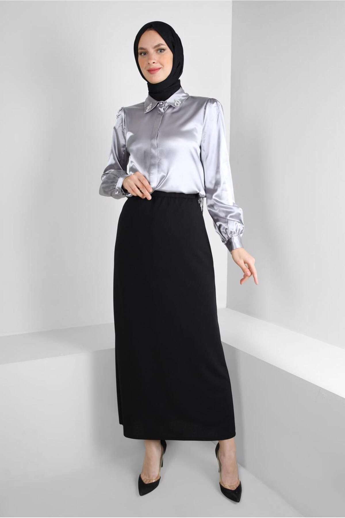 تونیک ساتن با یقه سنگی دقیق 43739 Alvina