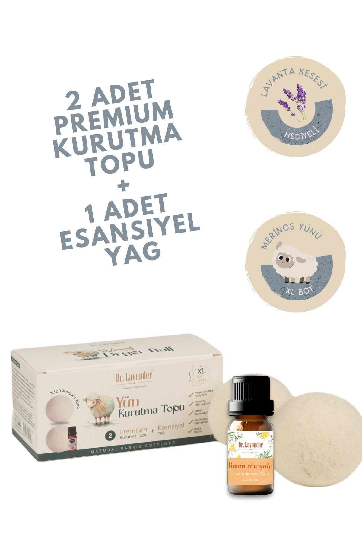 SerenityHaven %100 Merinos Yünü XL Boy Çamaşır Kurutma Topu 50 GR.+ Limonotu Yağı 10 ML + Lavanta Kesesi