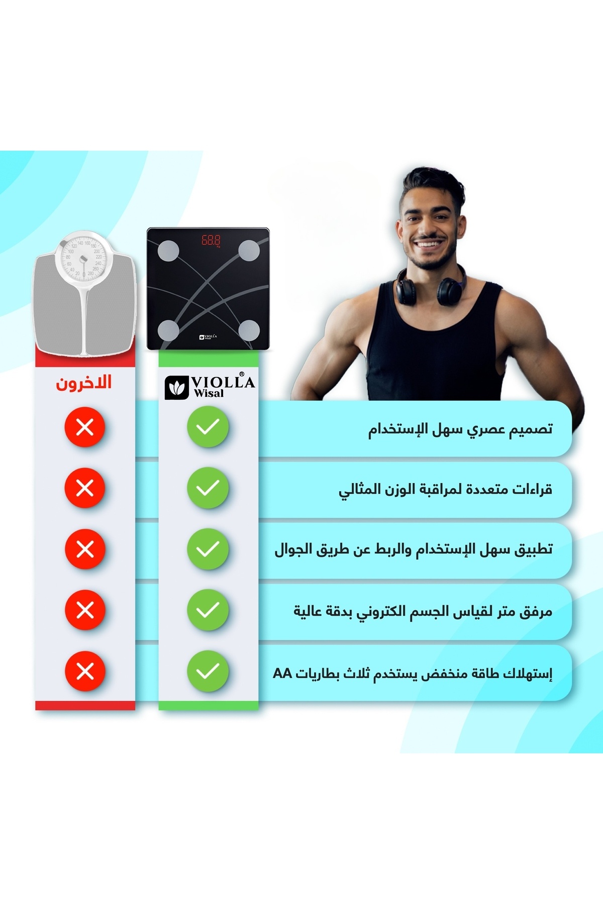 VİOLLA-Wireless digital scale for measuring body fat and BMI via app with a digital body circumference meter, holds up to 150 kg. 2