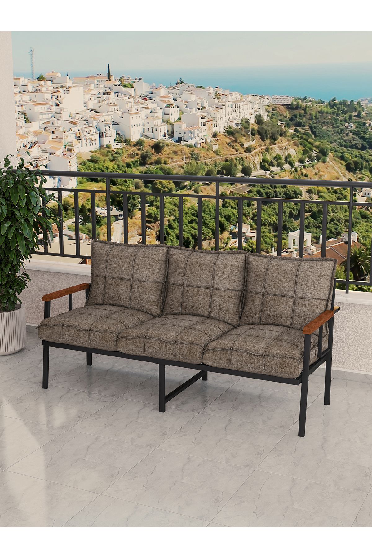 Mygusi Modern Balkon, Bahçe, Cafe, Metal Koltuk, Kanepe Üçlü - Cappucino