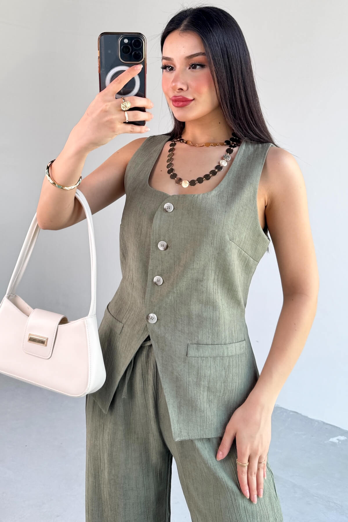 Cappmoda-Tkm-13270 Khaki Buttoned Pocket Detailed Vest High Waist Palazzo Pants Set of Two 3