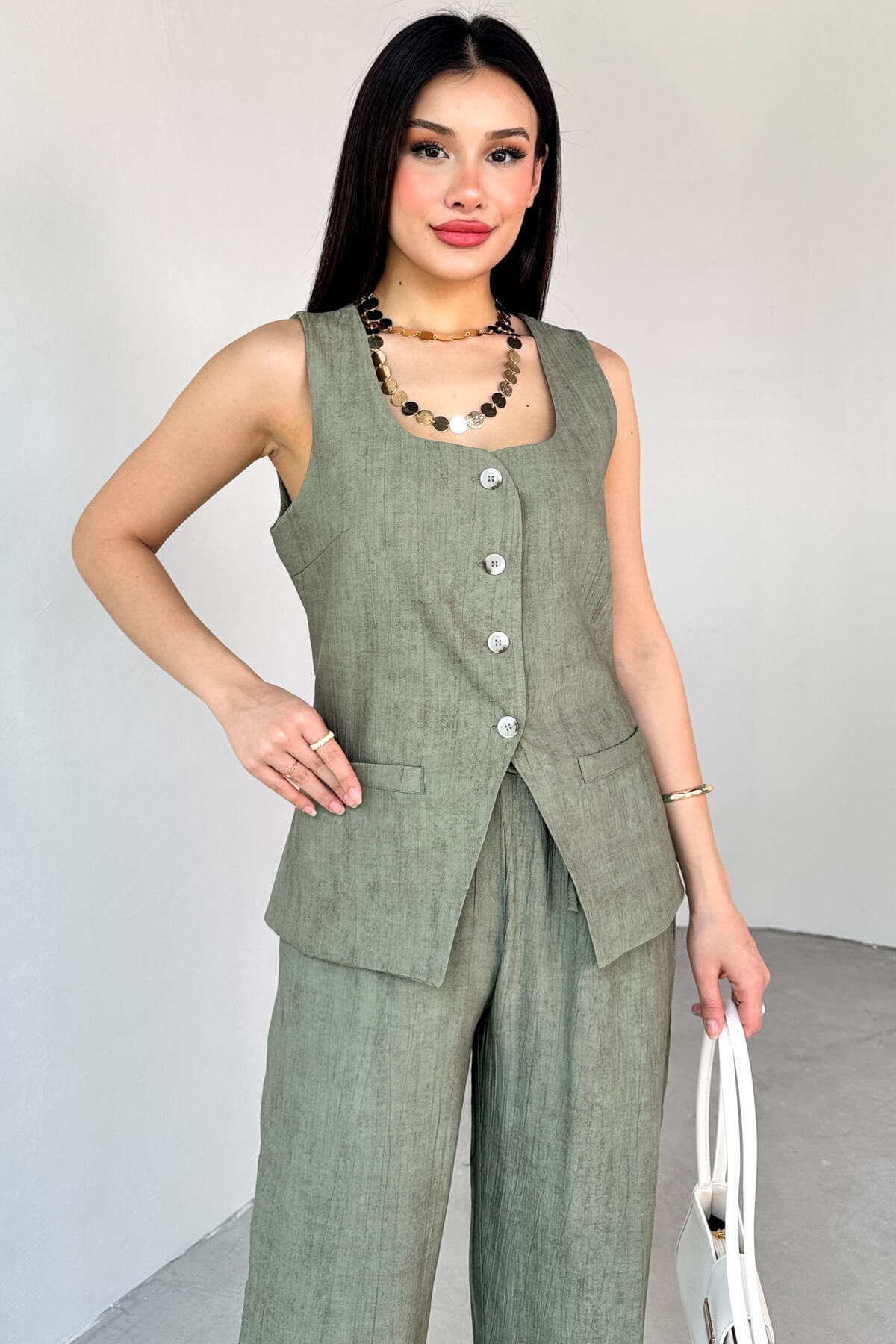Cappmoda-Tkm-13270 Khaki Buttoned Pocket Detailed Vest High Waist Palazzo Pants Set of Two 5