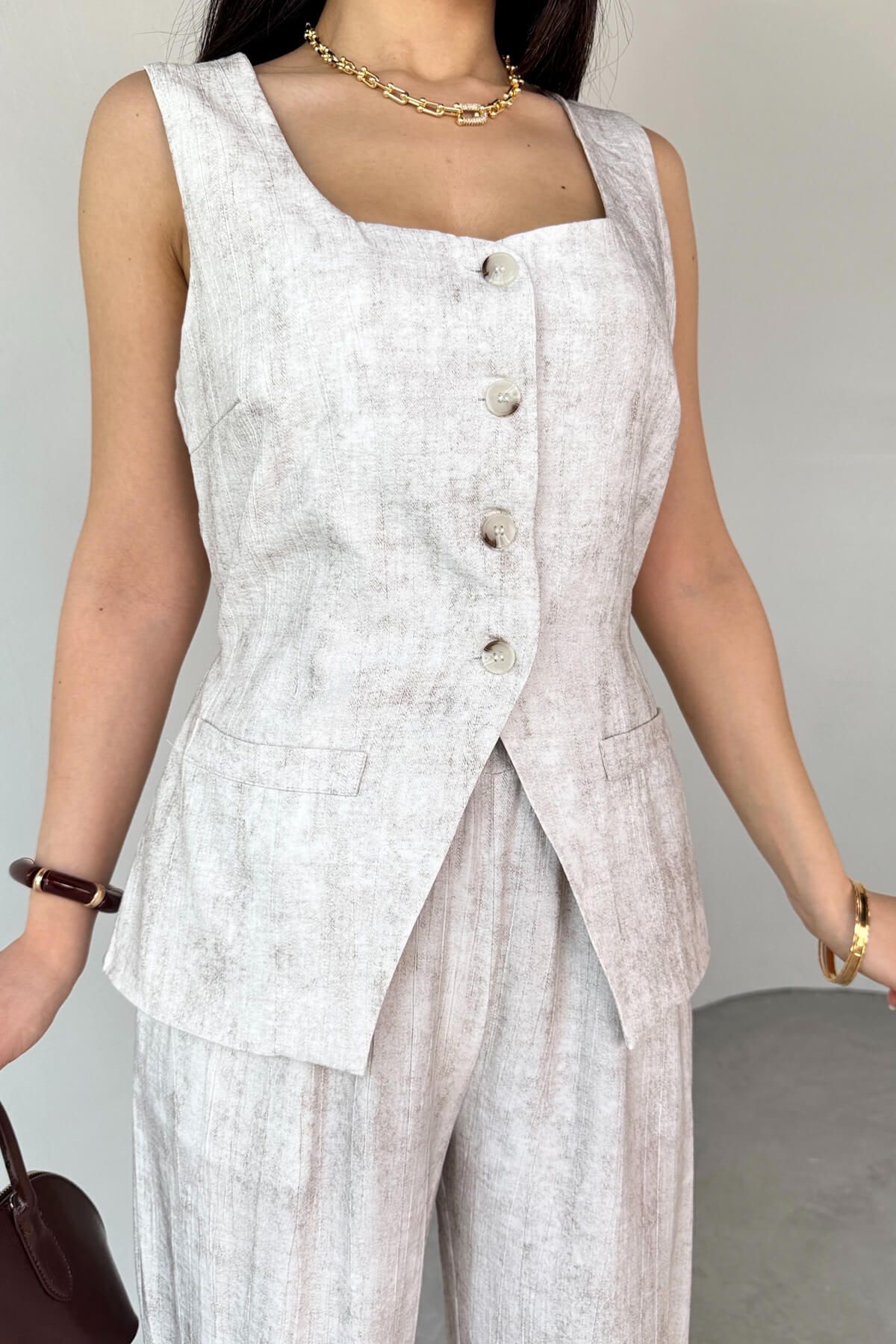 Cappmoda-Tkm-13270 Stone Color Buttoned Pocket Detailed Vest High Waist Palazzo Trousers Two-Piece Set 4