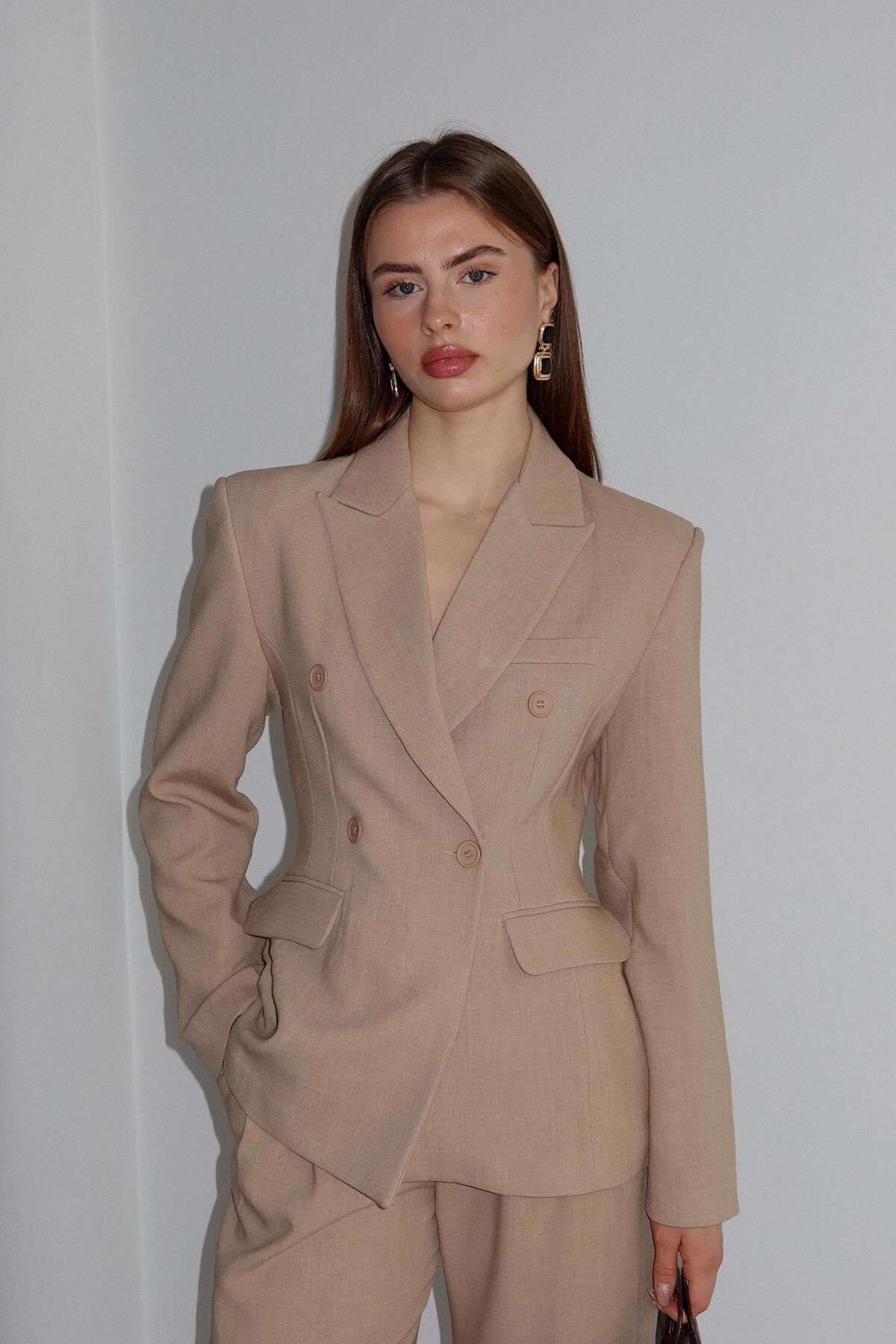 Finna & Co Premium Blazer Ceket Pantolon Takım Kum Beji