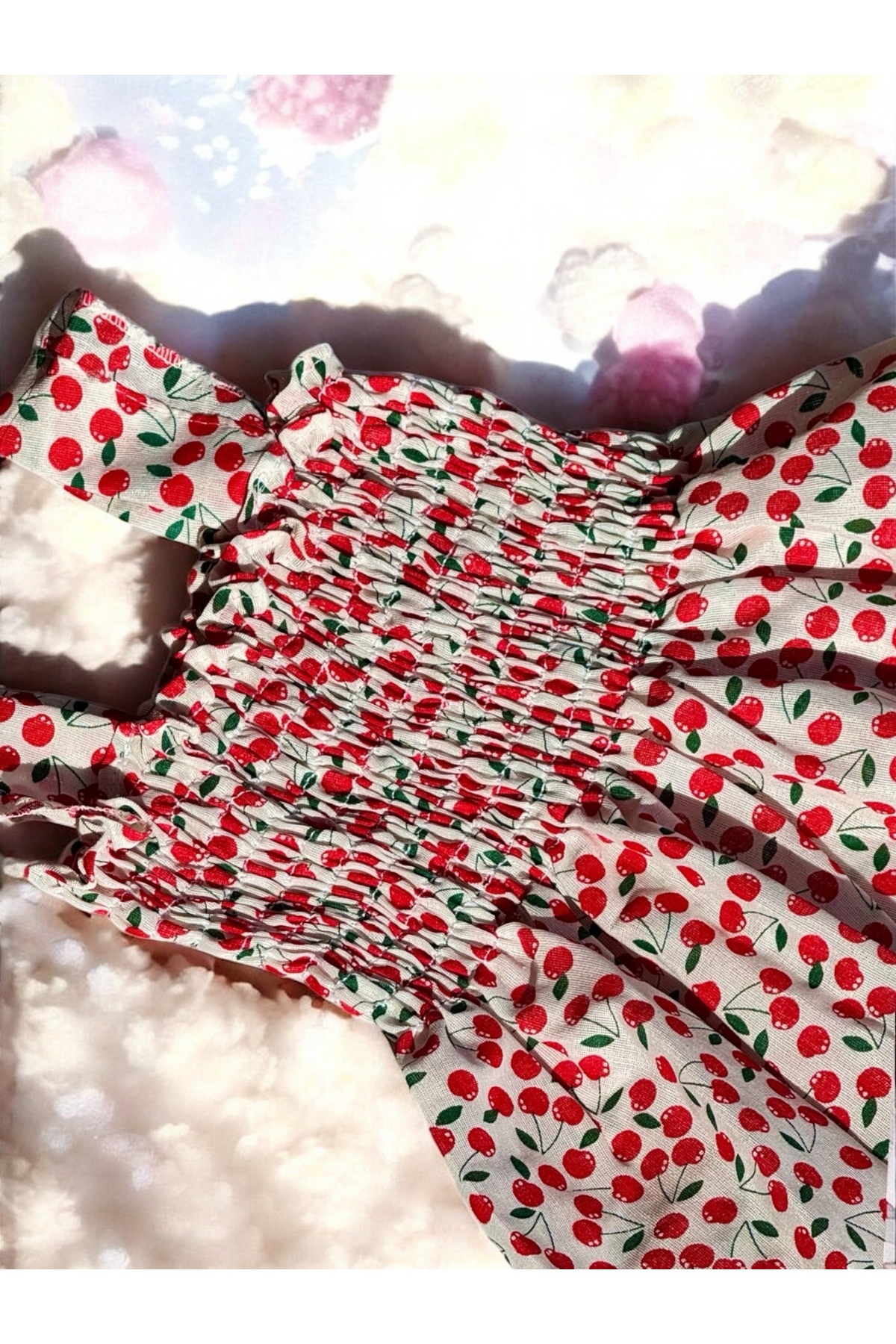 eradkids KIZ ÇOCUK ELBİSE Yeni Sezon Kiraz detaylı Fırfır yazlık elbise askılı/ Kız bebek elbise fotoğrafı 2 (önizleme)