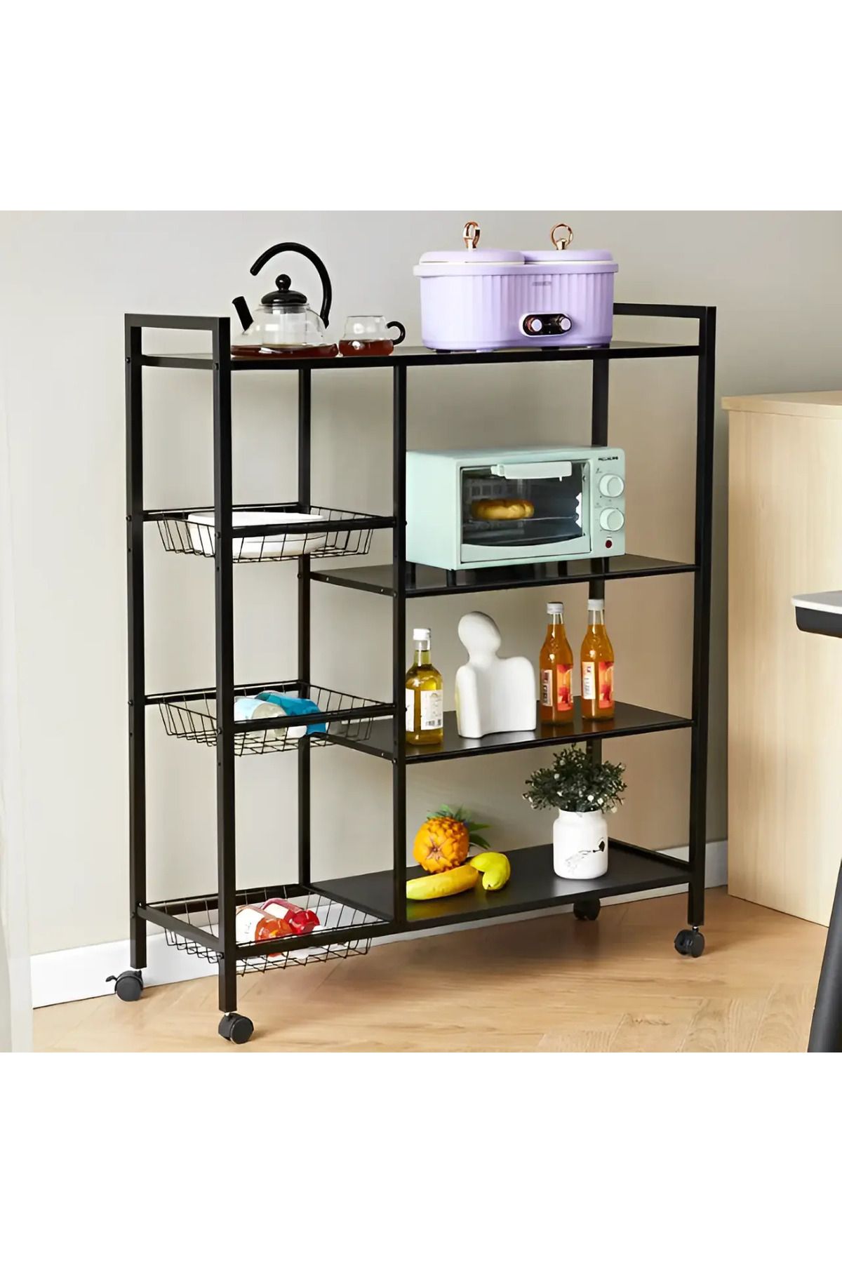 Herum Raft Metalic Mobil Cu 4 Cosuri, 4 Rafturi, Negru, 90 X 32 X 108 Cm - One Size