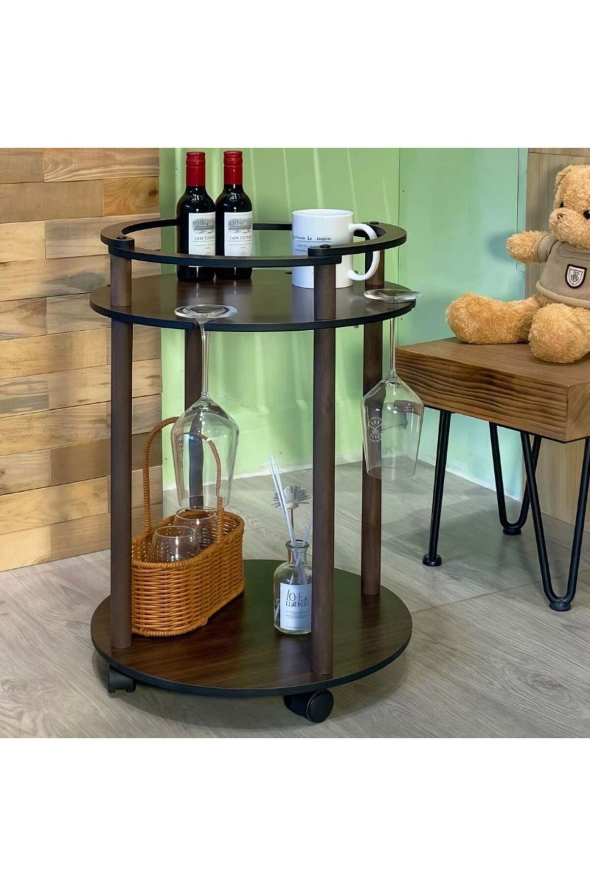 Herum Masuta De Cafea Rotunda, 2 Blaturi Mdf, Cu Roti, Pentru Living, Maro, 37,6 X 54 Cm - One Size