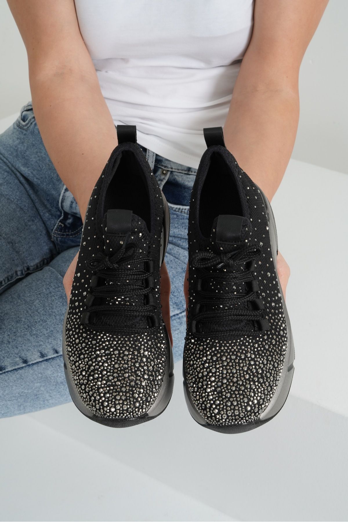 Beyond-Women's Black Platinum Stone Detailed Sports Sneaker 4.5cm Byndrsl400 3