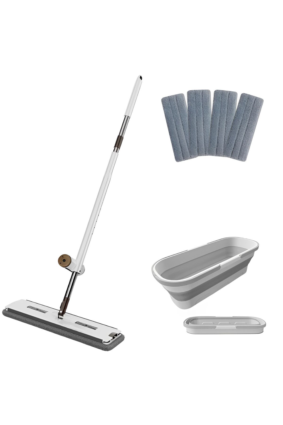 Herum Set Mop Plat Cu Stoarcet, Găleată Pliabilă Cu Roți, 4 Cârpe Din Microfibră, Alb/gri, 8 Litri - One Size