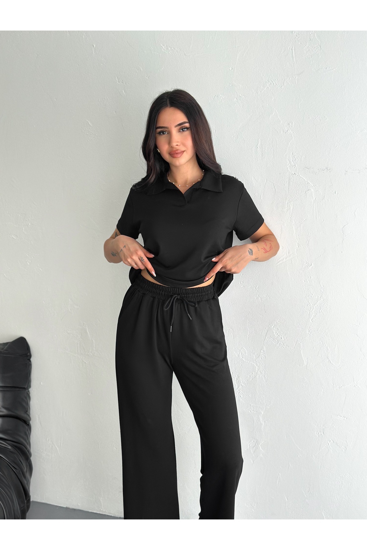 02Lady Fashion-Polo Neck Wide Leg Modal Fabric Short Sleeve Tracksuit Set 2