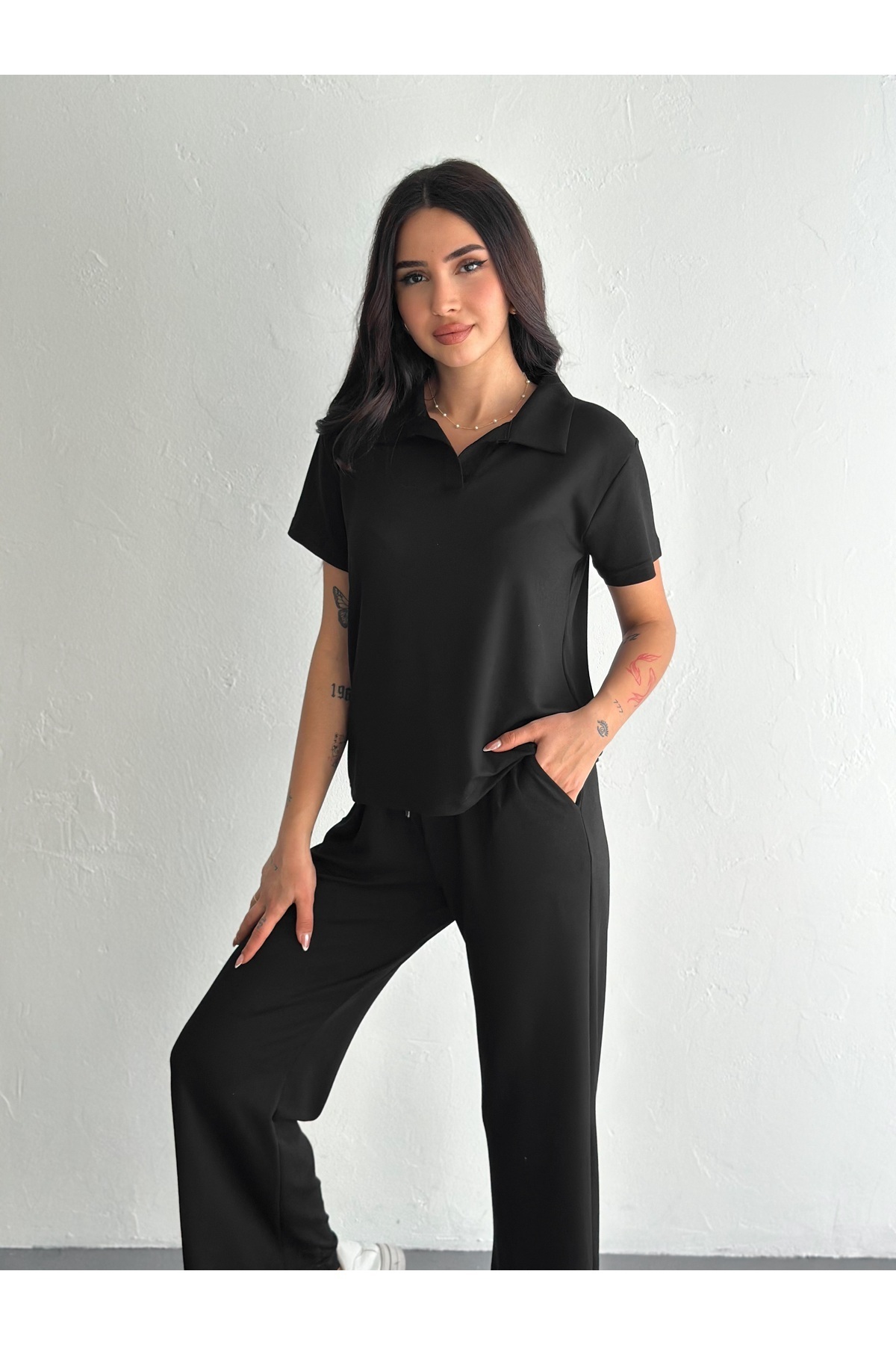 02Lady Fashion-Polo Neck Wide Leg Modal Fabric Short Sleeve Tracksuit Set 7