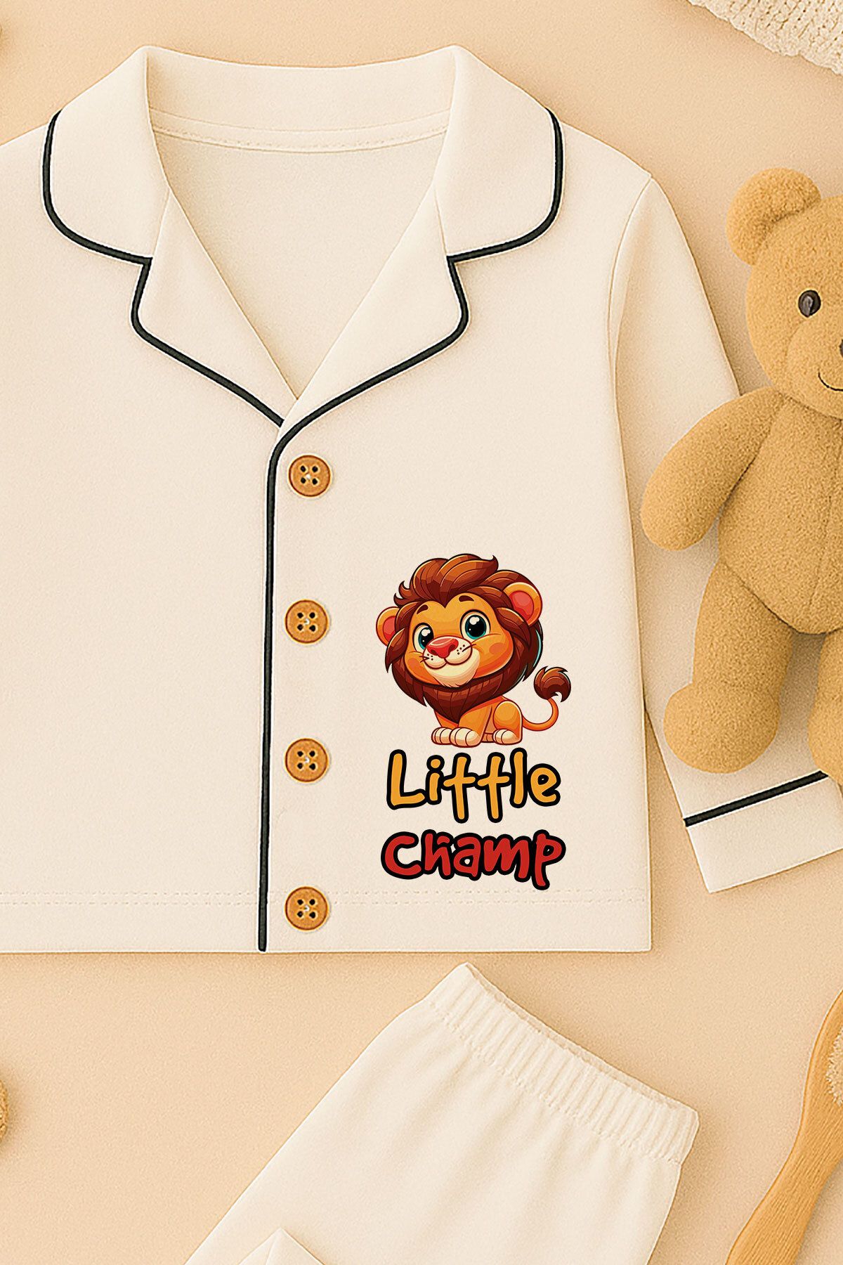 peki baby&kids-Well Girl Boy Soft Combed Cotton Little Champ Lion Print Pajama Set 18850 5
