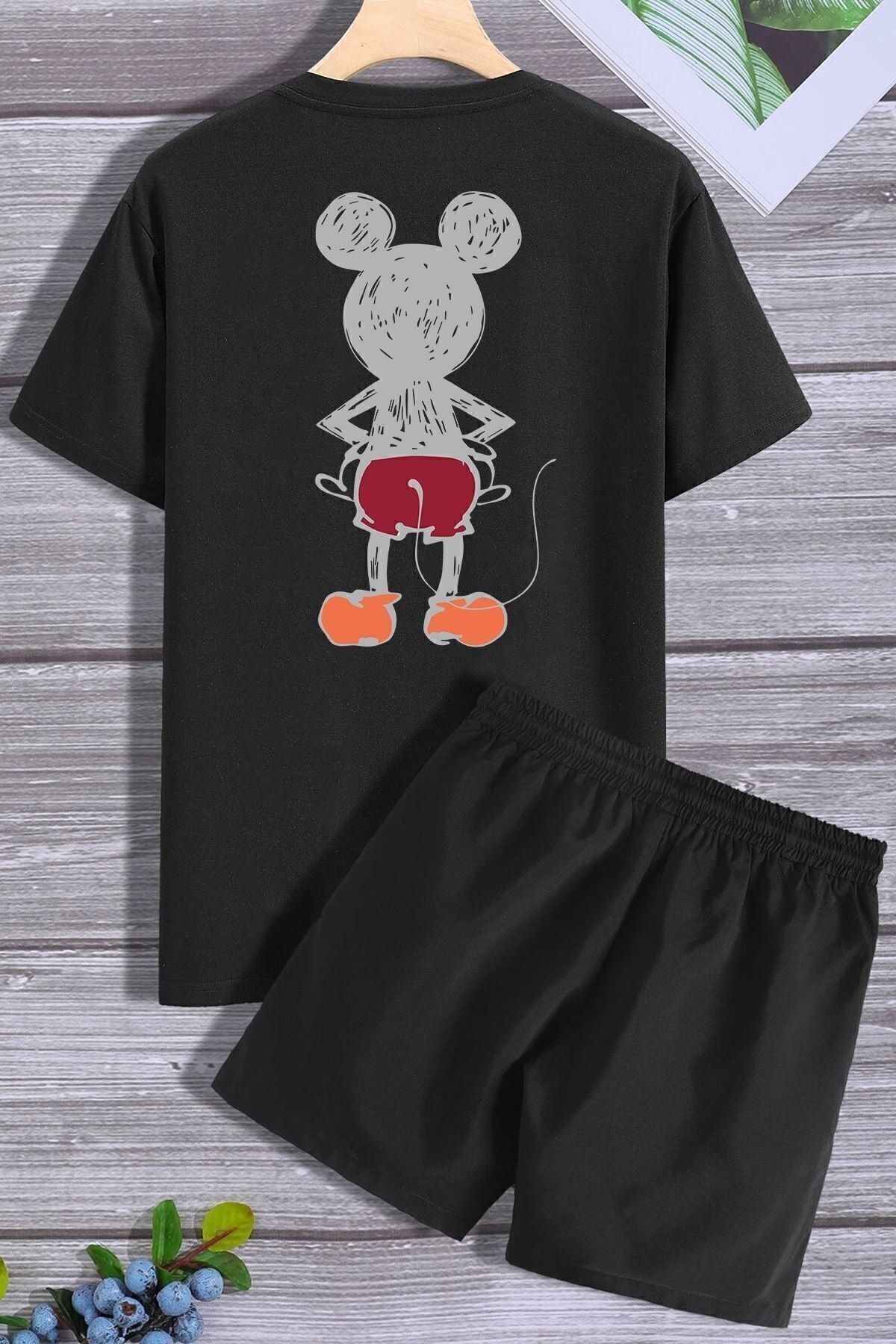 MODARİCH Tricou Mickey Din Spate Pantaloni Scurți Din Bumbac Pieptănat - Pantaloni Scurți Negri Tricou Imprimat Cu Gât Crew Supradimensionat Masculin
