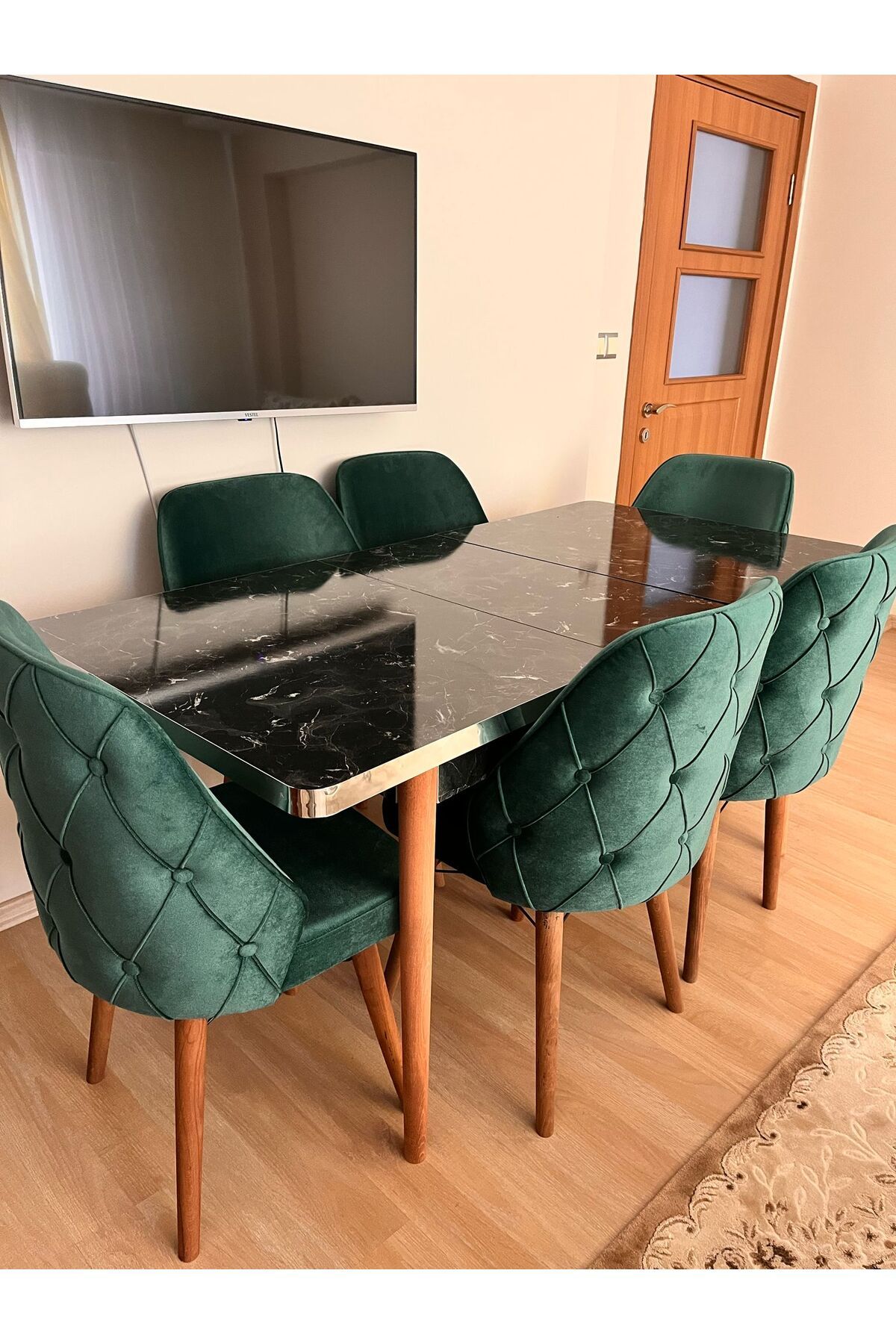 UZMHOME YEMEK ODASI TAKIMI SİYAH MERMER 6 SANDALYELİ AÇILIR KAPANIR MASA