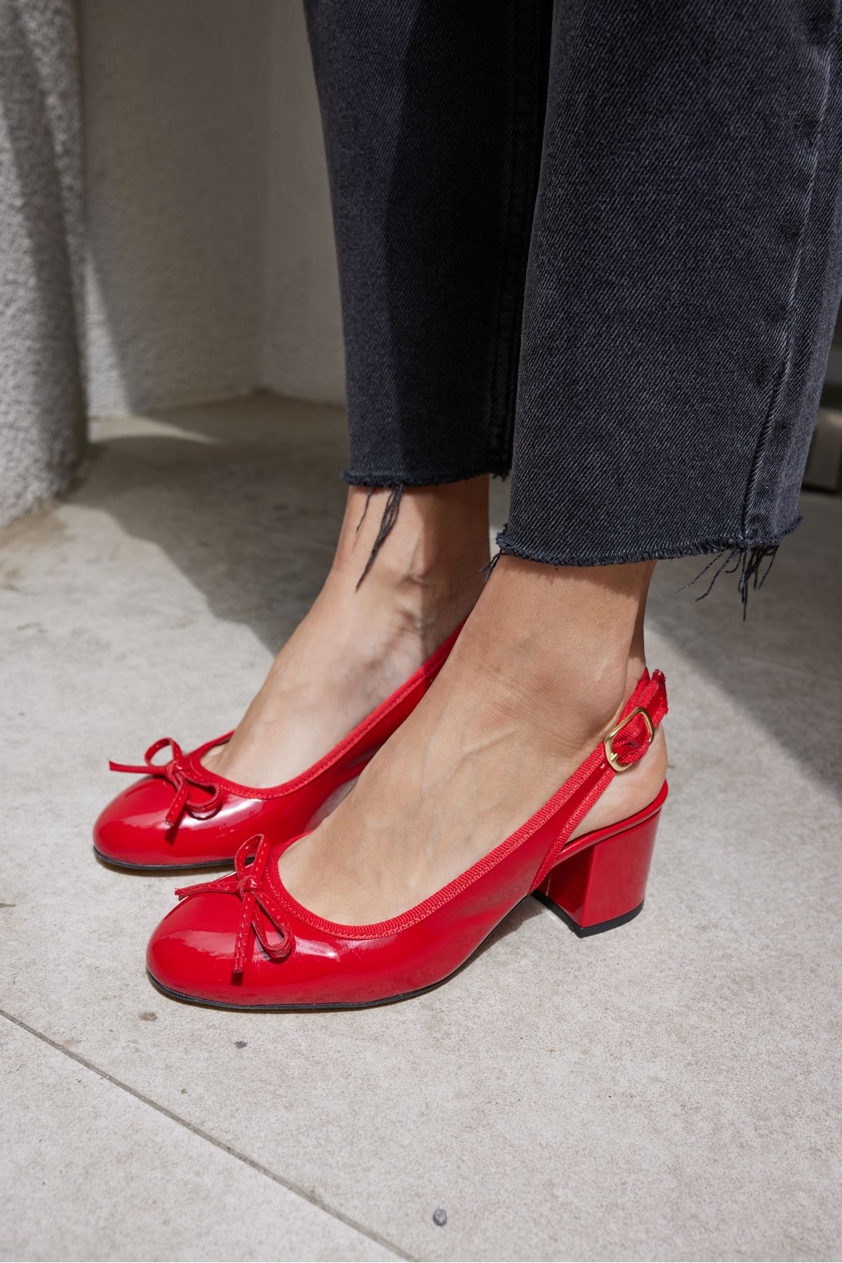 ANGELİNA JONES-Dorado Women's Red Patent Leather Thick Heel Slingback Heeled Shoes 3