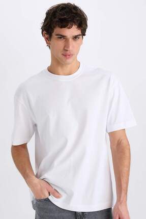 Defacto %100 Pamuk Oversize Geniş Kalıp Bisiklet Yaka Basic Düz Kısa Kollu Be...