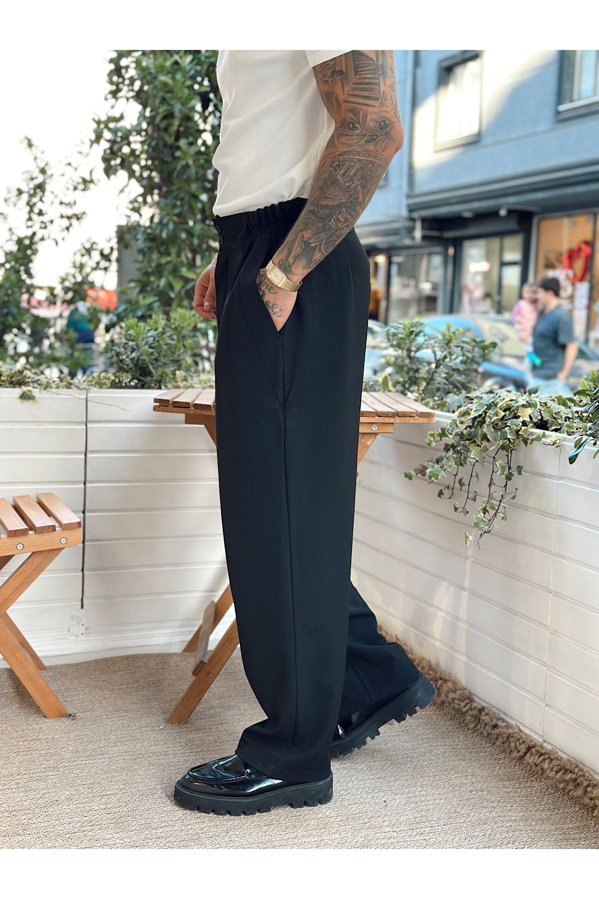 manch collection-Double Button Full Patch Baggy Trousers Black 4