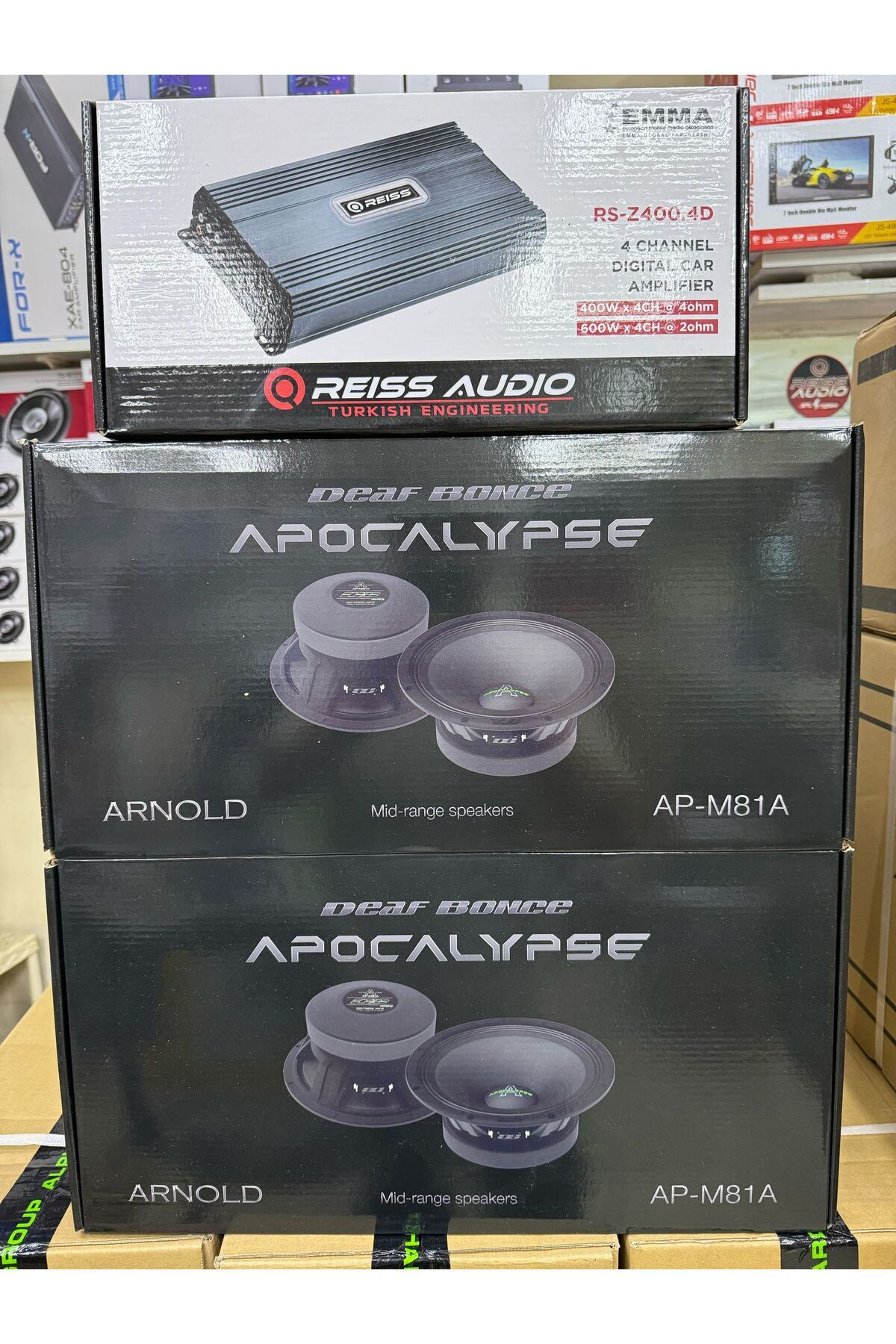 Apocalpyse ap-81a üclü paket 20cm iki takım midrange 600wat rs-z400.4d 4 kanallı 4x400rms anfi