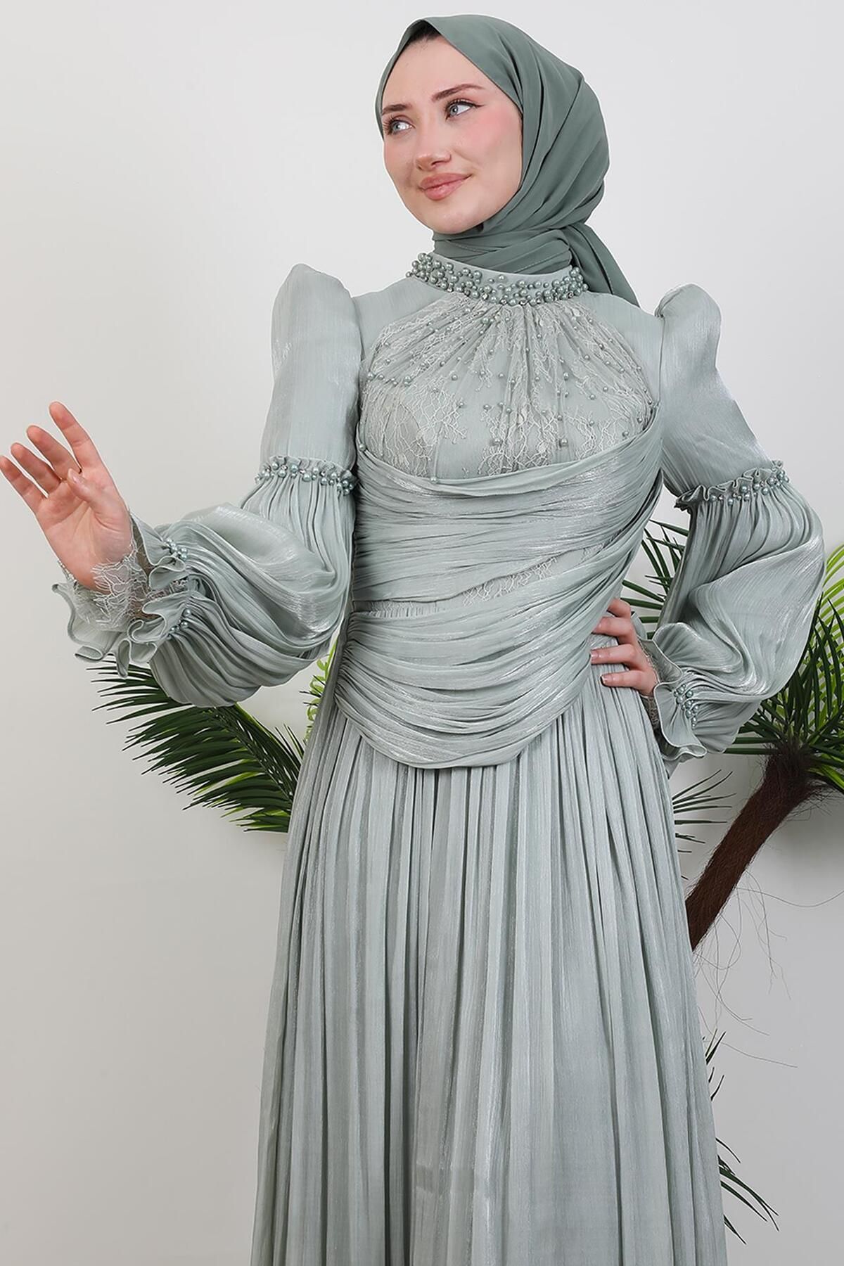 GİYZAMİLA-Lace Detail Yoryo Evening Dress Light Mint 5