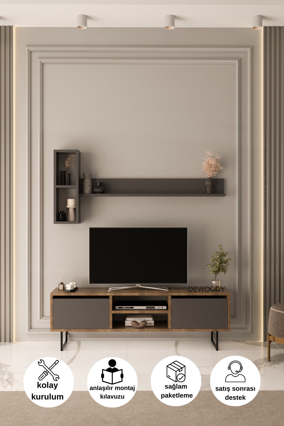 DEWOODY 140 Cm 2 Kapaklı Raflı Kitaplıklı Metal Ayaklı Modern TV Ünitesi TV Sehpası