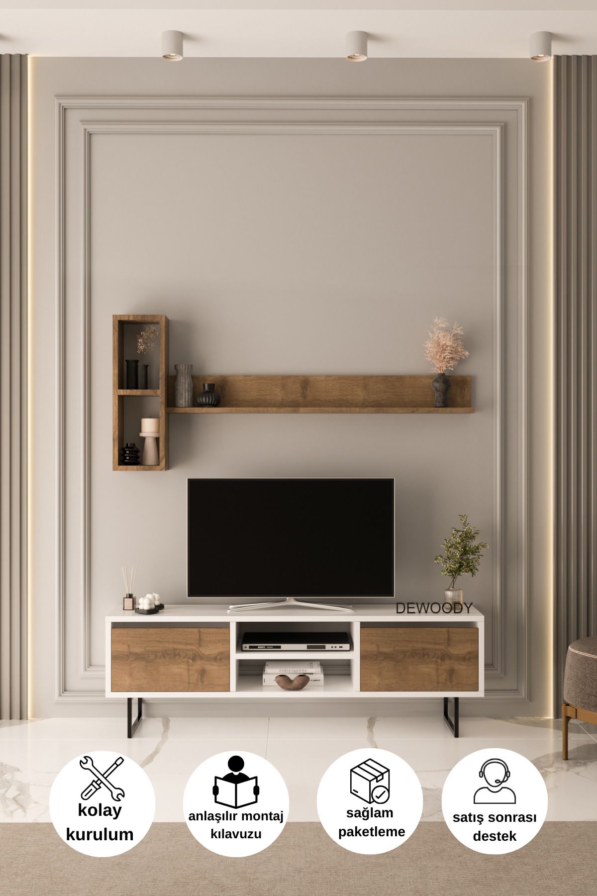 DEWOODY 140 Cm 2 Kapaklı Raflı Kitaplıklı Metal Ayaklı Modern TV Ünitesi TV Sehpası