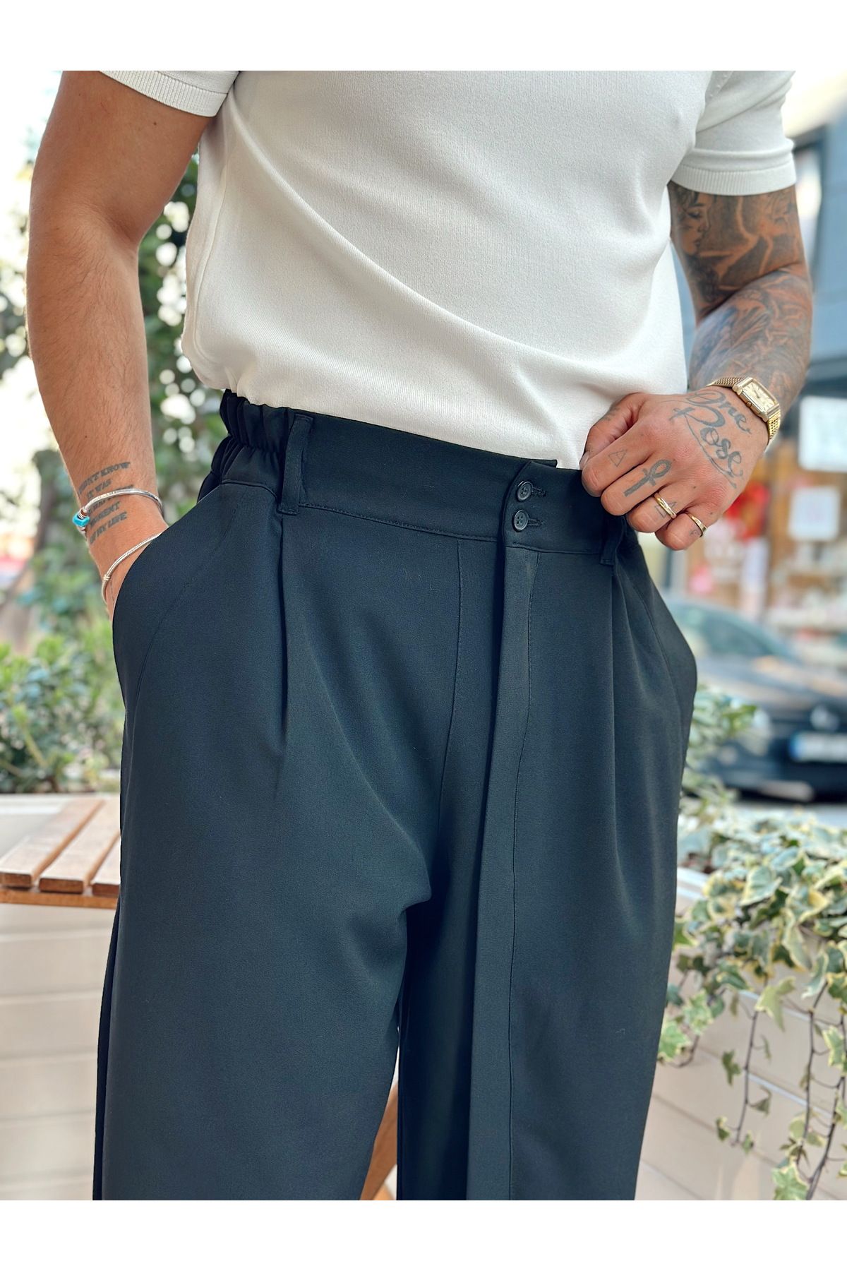 manch collection-Double Button Full Patch Baggy Trousers Black 2