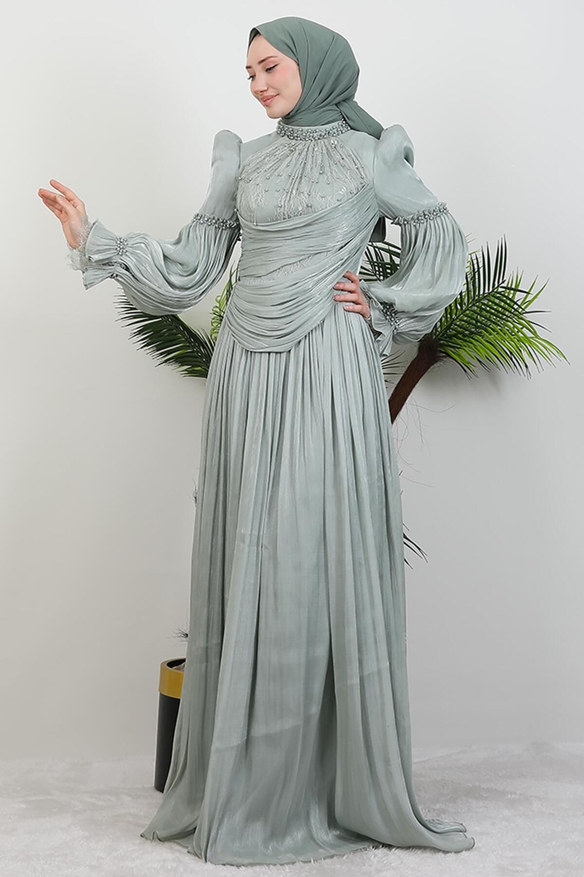GİYZAMİLA-Lace Detail Yoryo Evening Dress Light Mint 2