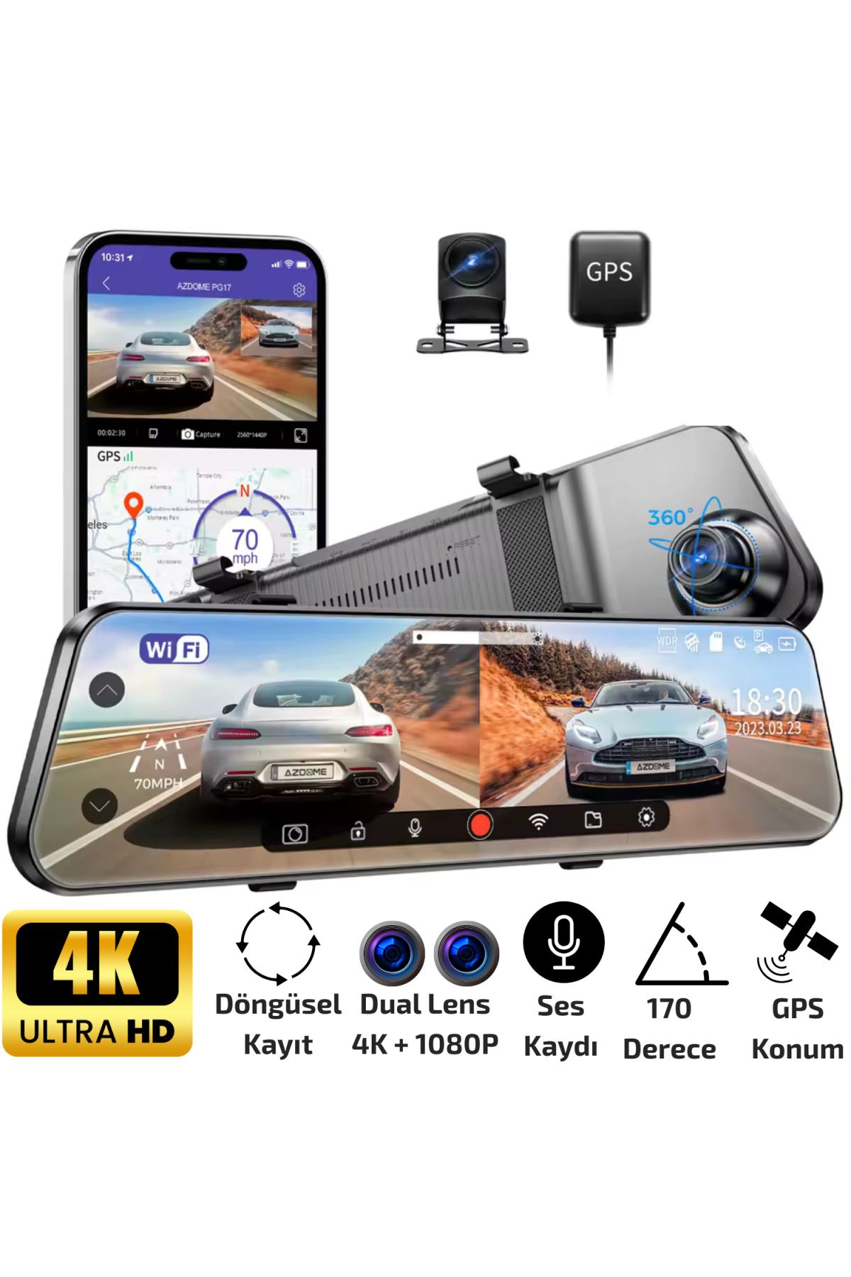 Mpıa Cc-68 Gps Wifi 4k Ultra Hd Dikiz Aynası Araç Içi Kamerası Tam Ekran, Geri Görüş Kameralı Türkçe