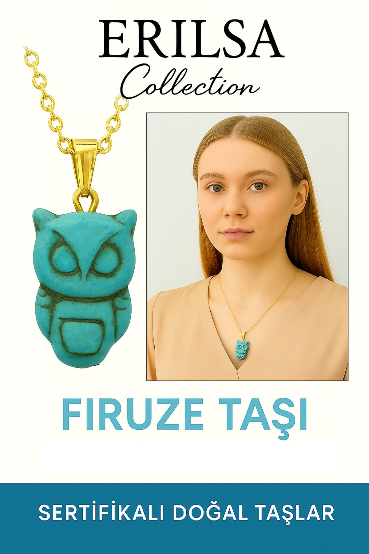 Erilsa Sertifikalı Baykuş Model Firuze Taşı Kolye – Bilgelik, Koruma ve Ruhsal Şifa Taşı