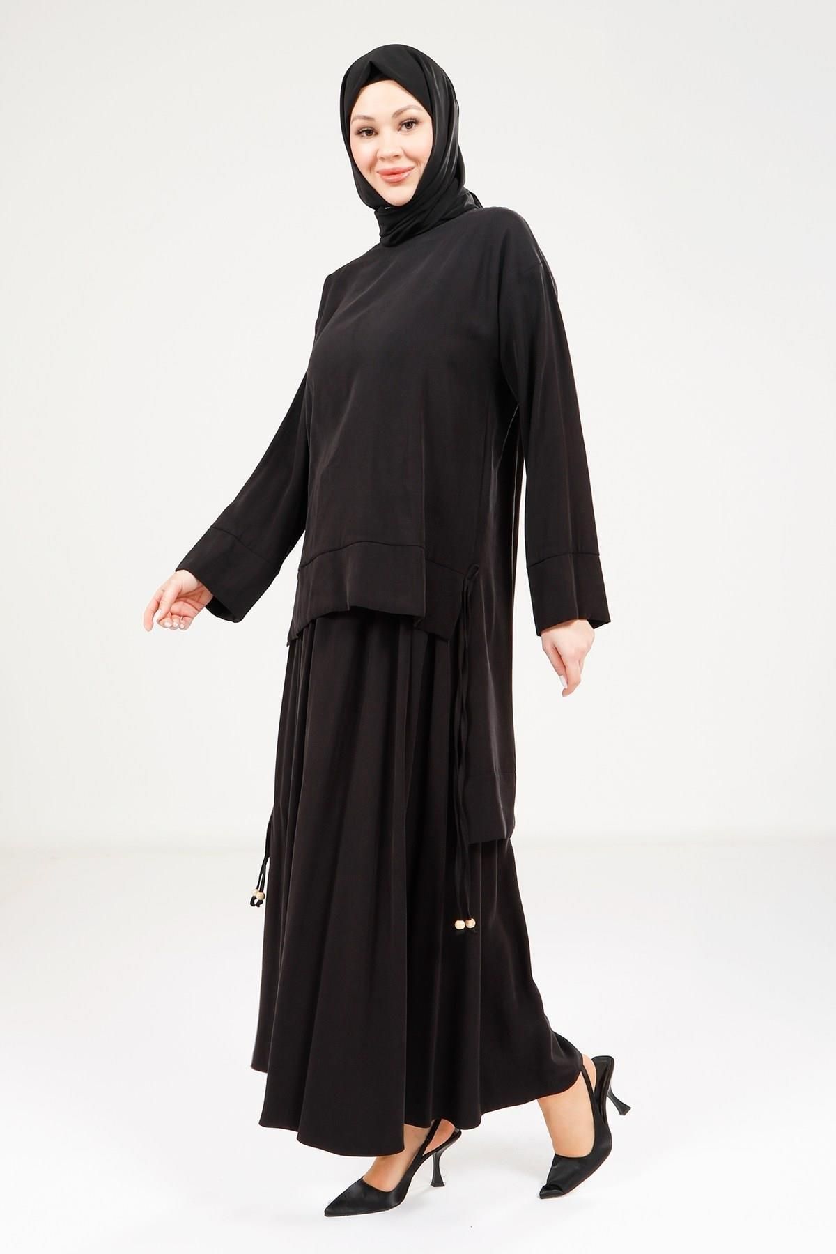 ست بالاپایین پوشیده زنانه HIJAB مشکی TUNIC TEAM 9192 Genel Markalar