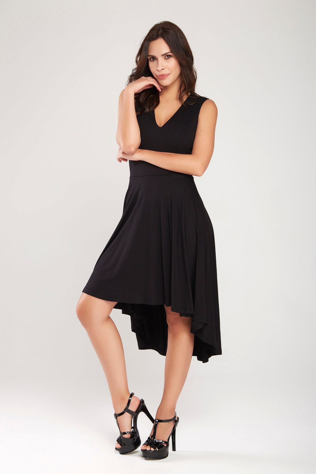 Laranor-Black V-Neck Moving Skirt Detail Asymmetrical Cut Dress 24L7546 2