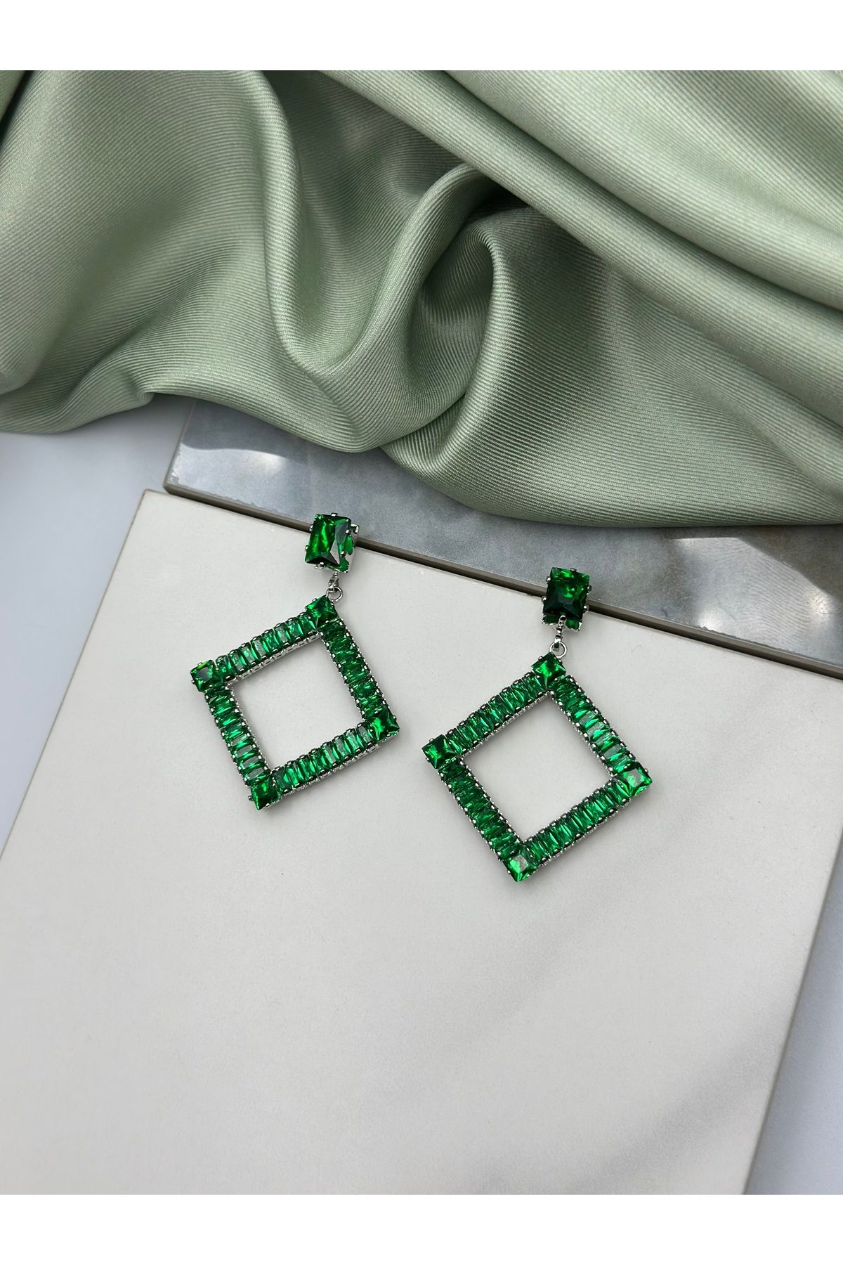 Lumiera-Green Baguette Zircon Stone Square Design Dangle Steel Earrings 3