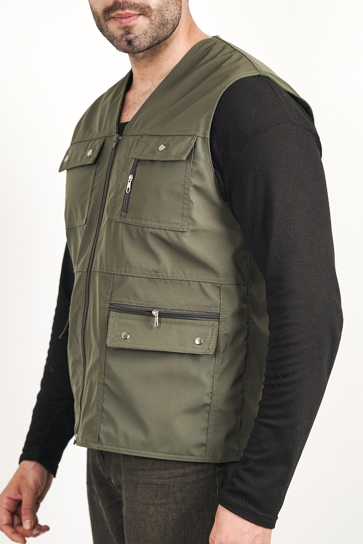 HeviStor-Summer Vest Multi-Pleated Stylish Design Chest Pocket Zipper 4