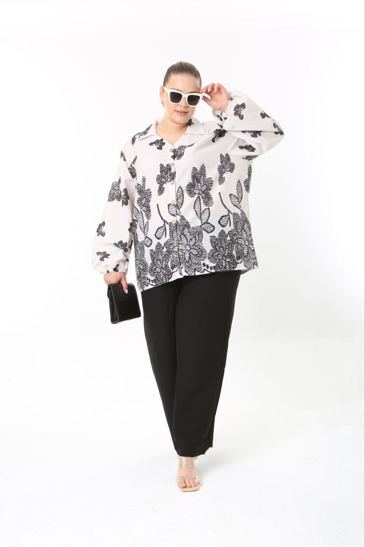 Butik Nilyam-Women's Large Size Balloon Sleeve Detailed Shirt Pants Linen Suit 24748 2