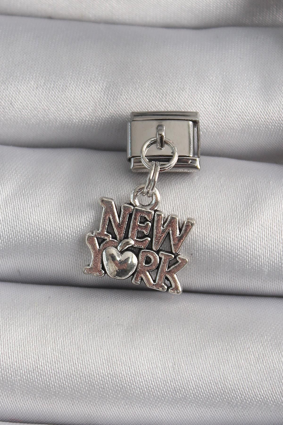 prativas 316L Çelik Gümüş Renk Sallantı New York Yazı Model Nomination Charm