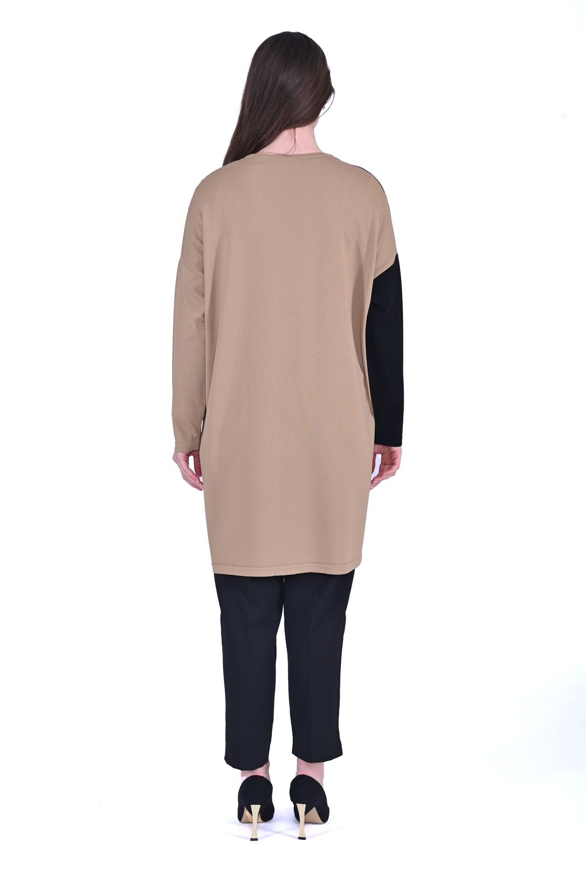 Invee-Invee 7048 Camel Color Block Knitwear Tunic 3