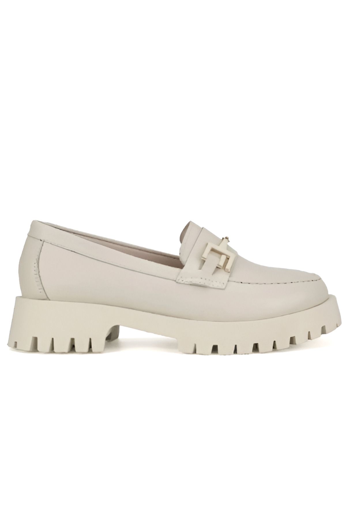 Beety-4254 Genuine Soft Leather Beige Buckle Women's Loafer Shoes 1
