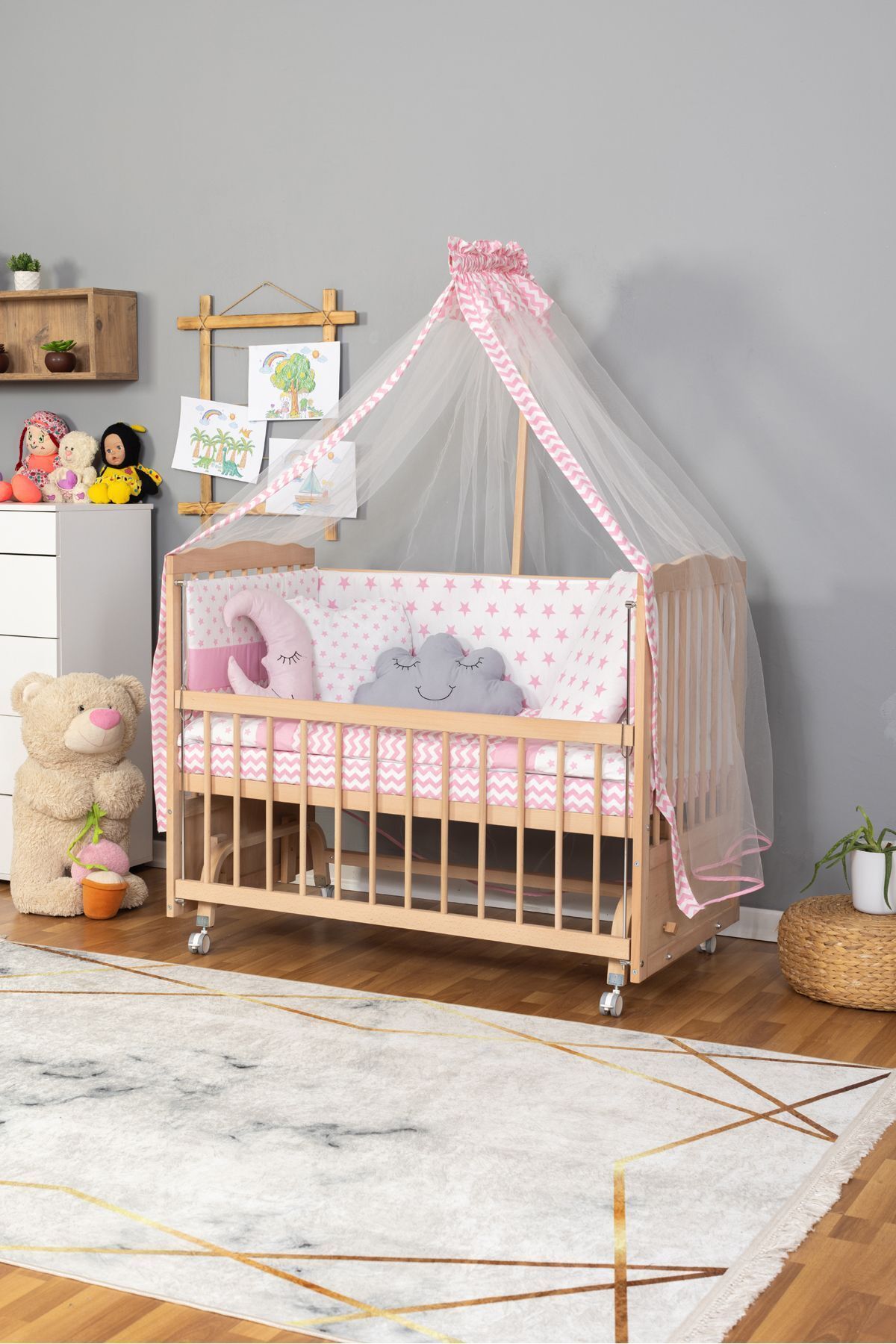 Bamgidoo Ahşap Beşik Anne Yanı Beşik Organik(Boyasız) 60x120-Pembe Yıldız 3 Yastık Uyku Seti+Yatak+Tekerlek