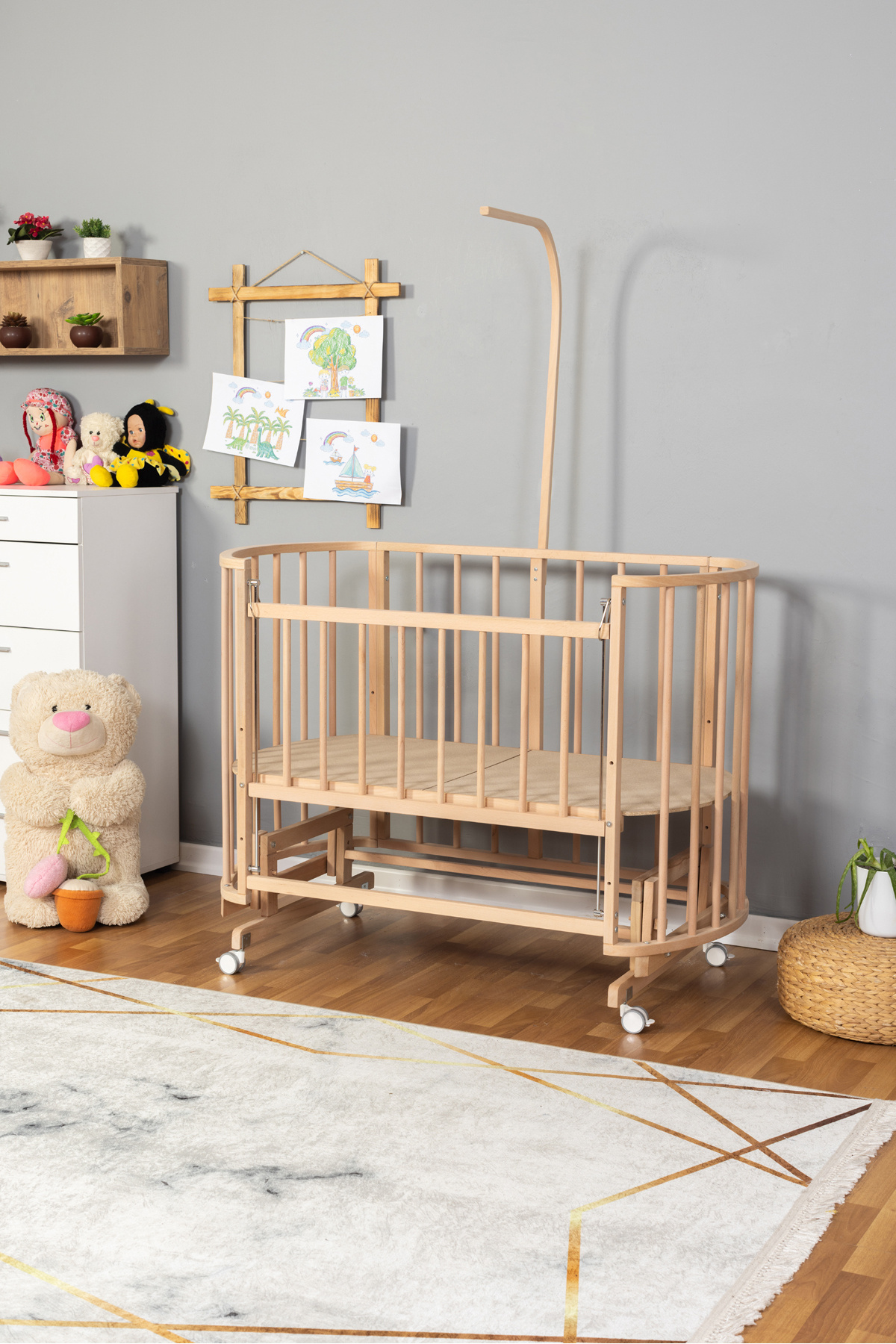 Bamgidoo Doğal Ahşap Anne Yanı Beşik Organik (BOYASIZ) 60x120 - Krem Güpür Uyku Seti Yatak Tekerlekli fotoğrafı 5 (önizleme)