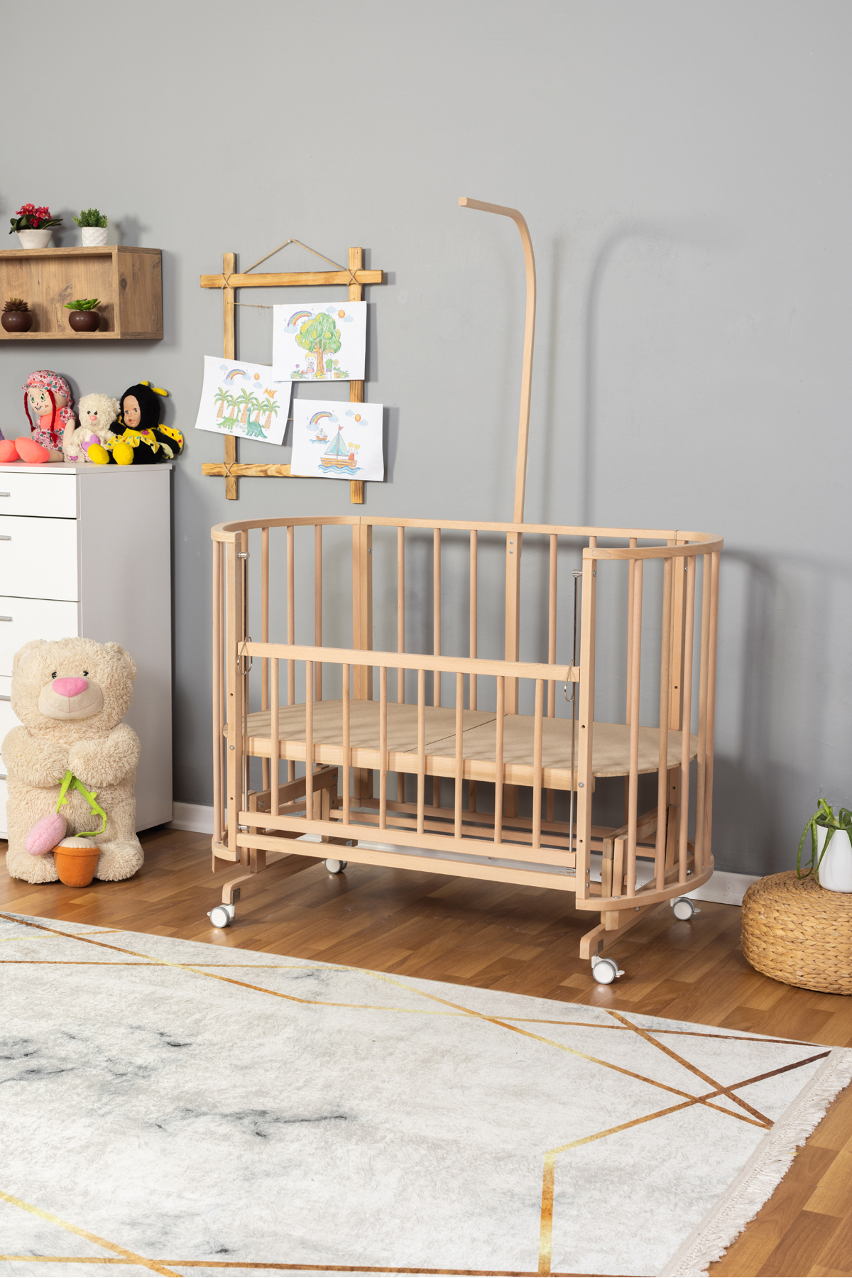 Bamgidoo Doğal Ahşap Anne Yanı Beşik Organik (BOYASIZ) 60x120 - Krem Güpür Uyku Seti Yatak Tekerlekli fotoğrafı 3 (önizleme)