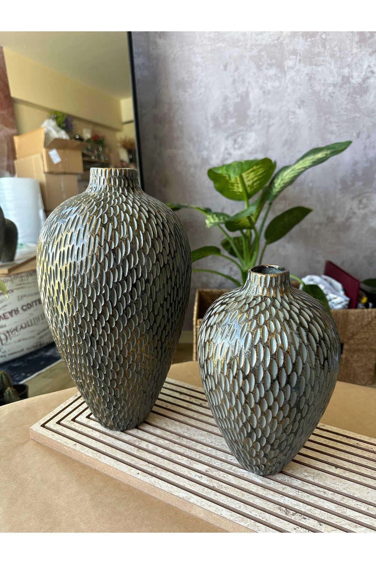 teknotrust Turaç El Yapımı 2'li Dokulu Dekoratif Seramik Vazo (30x17 - 22x14 cm)- Bohem ve Japandi Tarzı, Şık