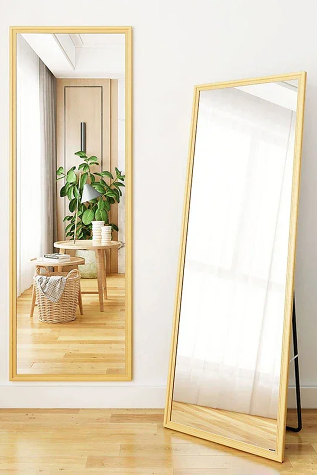 مرآة أرضية معدنية كاملة الطول بتصميم خشبي، مقاس 160×50 سم، بيج