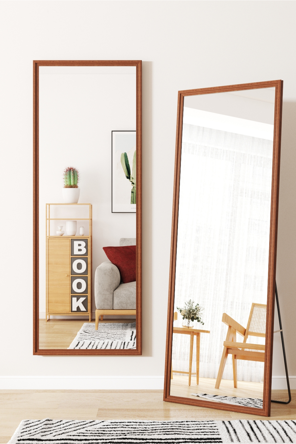 مرآة أرضية معدنية كاملة الطول بتصميم خشبي، لون بني، 160×50 سم