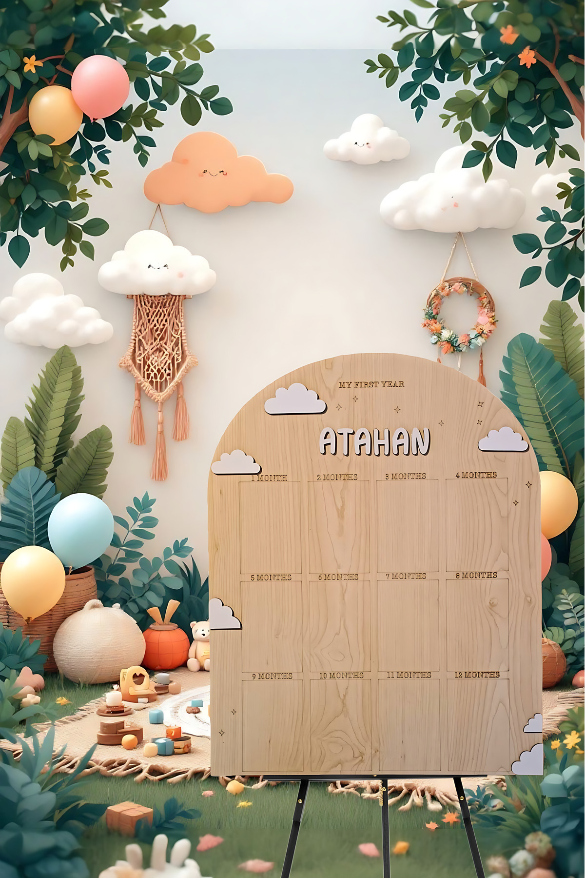 aze kids 3d Kişiye Özel Isim Yazılabilen 1 Yaş 12 Ay Bulut Temalı Ahşap Fotaoğraf Panosu Doğumgünü Tablosu