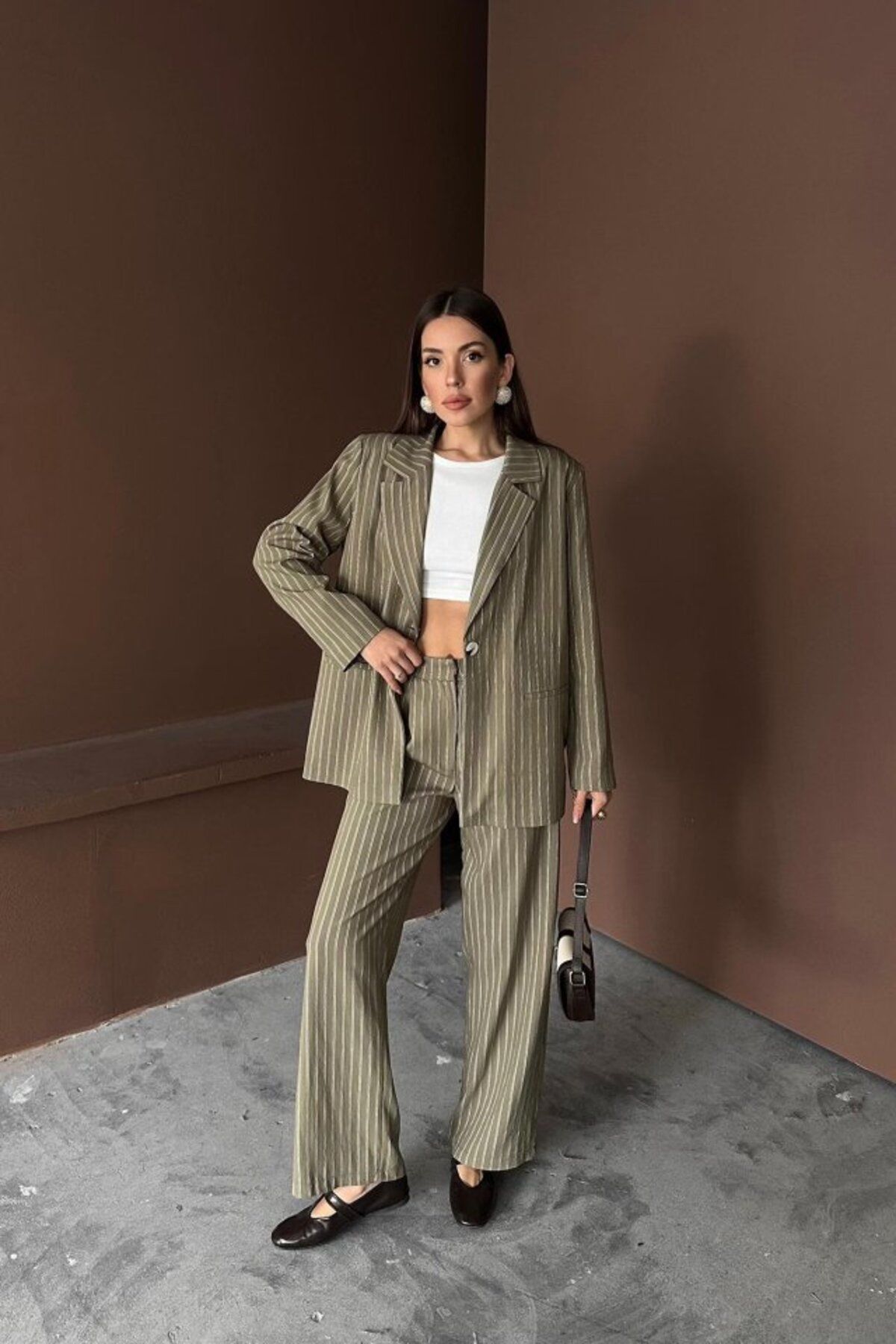 Butik Aura Mou Haki Çizgili Ceket Ve Pantolon Takım