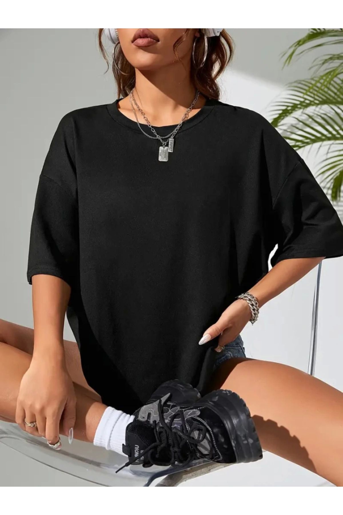 Albayrak Baskılı Oversize Bisiklet Yaka T-shirt - Siyah