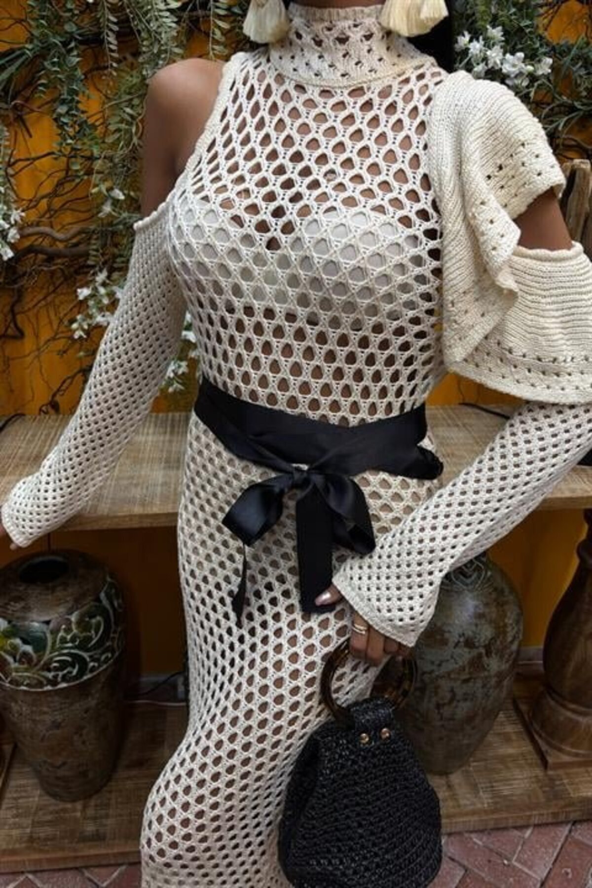 Bizcomoda-Satin Belted Openwork Knitwear Dress 2847 6