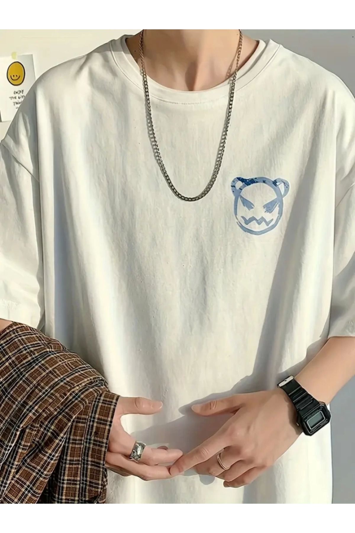 Weahus CO Baskılı Oversize Bisiklet Yaka T-shirt - Beyaz